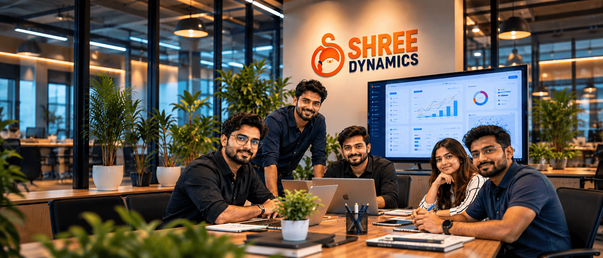 The Shree Dynamics team in their office below the wall logo